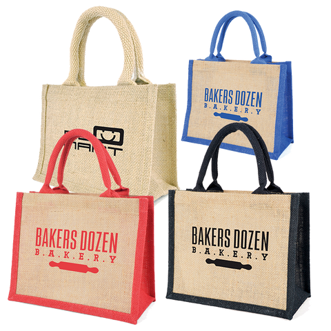 Branded mini jute bags, small hessian bags printed uk