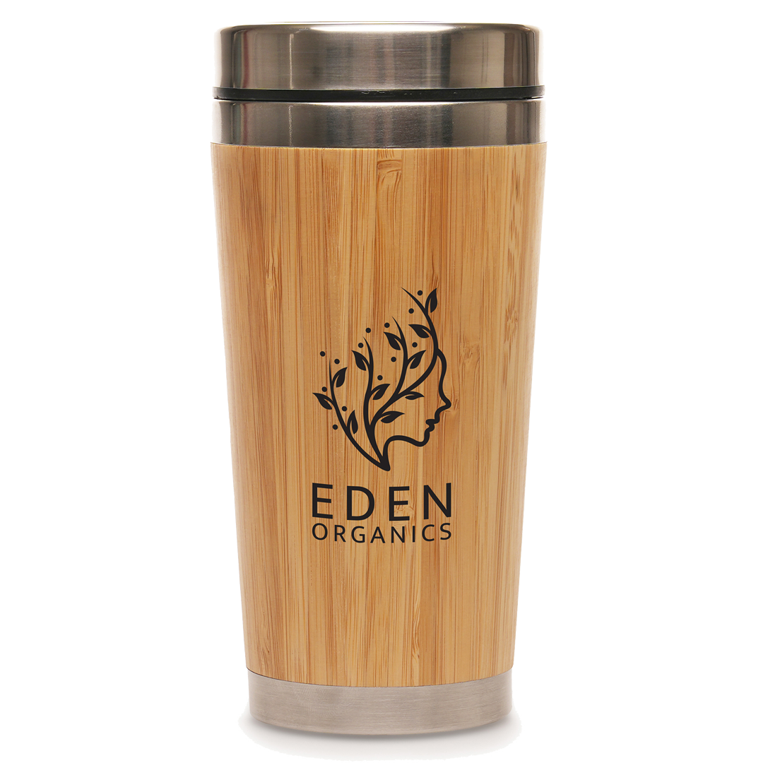 Branded Bamboo tumbler with metal lid featuring Eden Organics logo on a white background