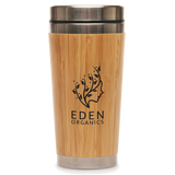 Branded Bamboo tumbler with metal lid featuring Eden Organics logo on a white background