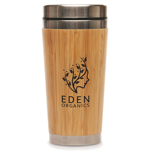 Branded Bamboo tumbler with metal lid featuring Eden Organics logo on a white background