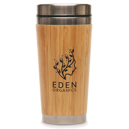 Branded Bamboo tumbler with metal lid featuring Eden Organics logo on a white background