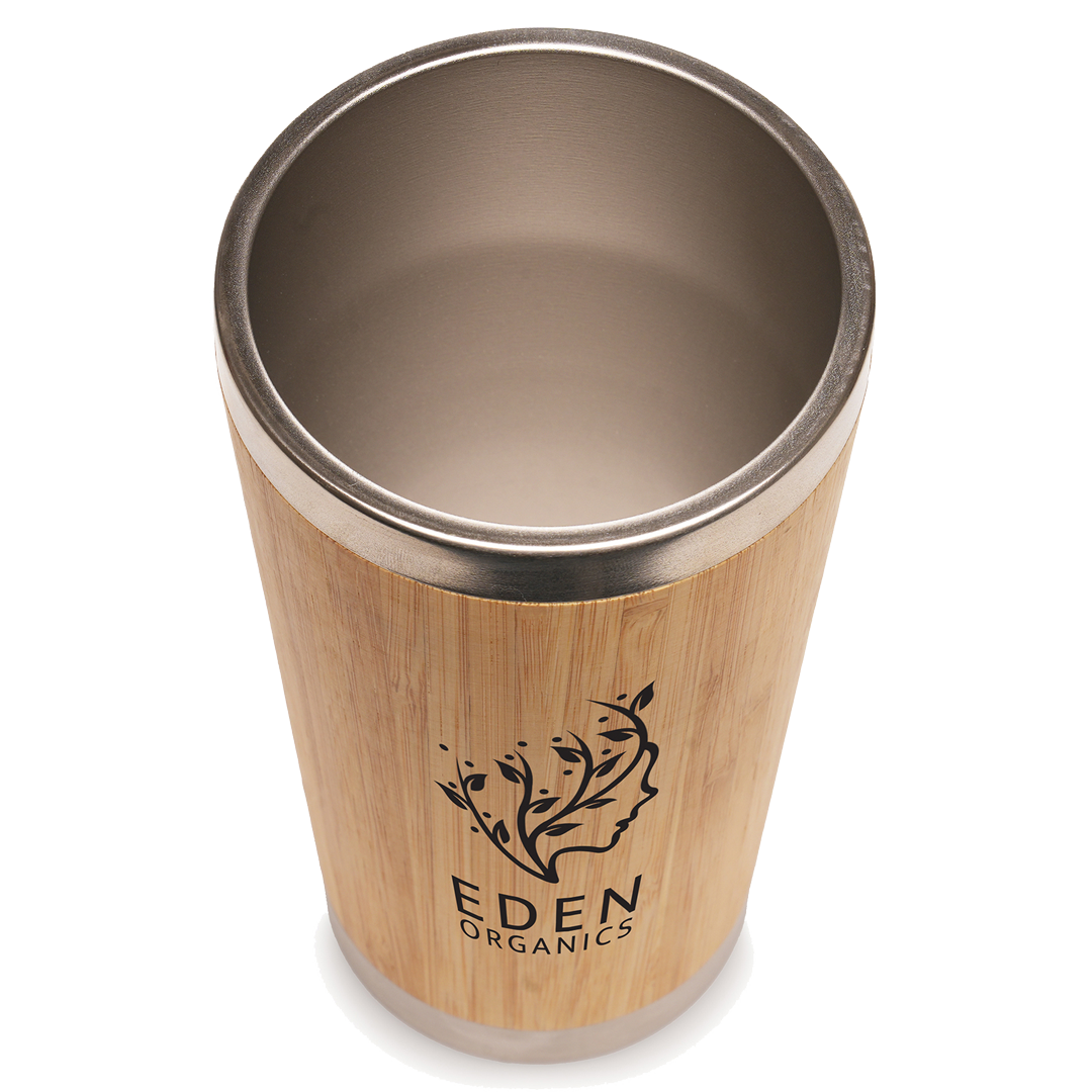 Branded Bamboo tumbler with metal rim and Eden Organics logo on a white background