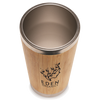 Branded Bamboo tumbler with metal rim and Eden Organics logo on a white background