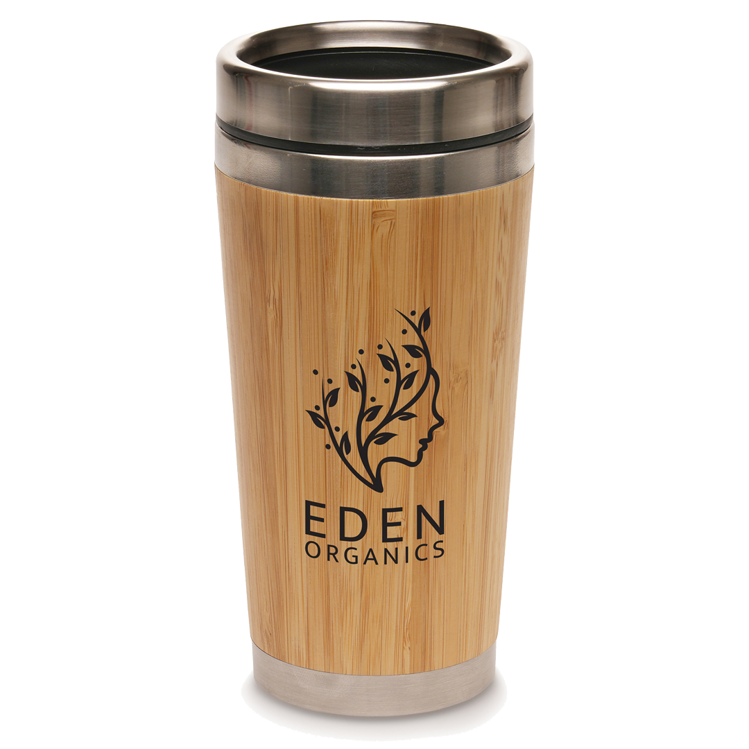 Bamboo tumbler with metal lid featuring Eden Organics logo on a white background