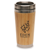 Bamboo tumbler with metal lid featuring Eden Organics logo on a white background