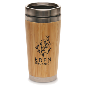 Bamboo tumbler with metal lid featuring Eden Organics logo on a white background