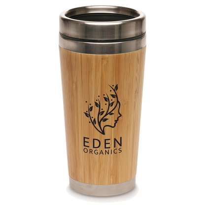 Bamboo tumbler with metal lid featuring Eden Organics logo on a white background