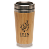 Bamboo tumbler with metal lid featuring Eden Organics logo on a white background