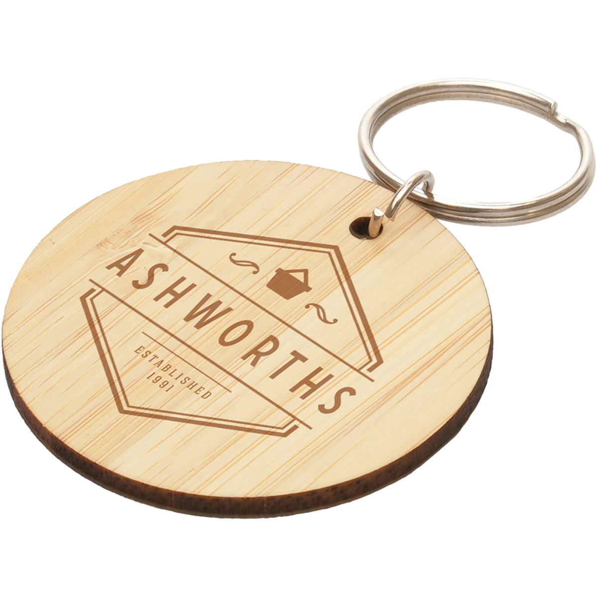 Branded bamboo keyrings for business logo UK, PG Promotional Items