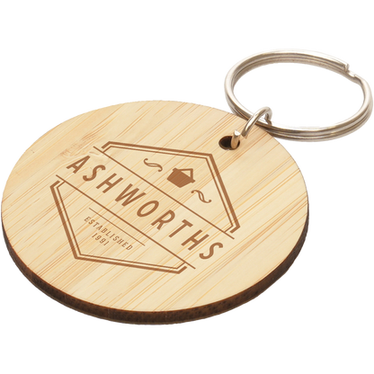 Branded bamboo keyrings for business logo UK, PG Promotional Items
