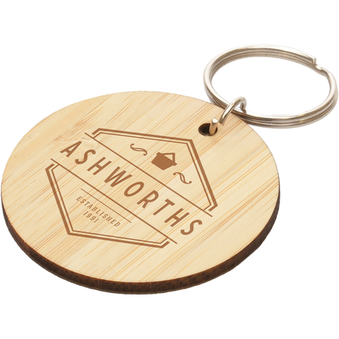 Branded bamboo keyrings for business logo UK, PG Promotional Items