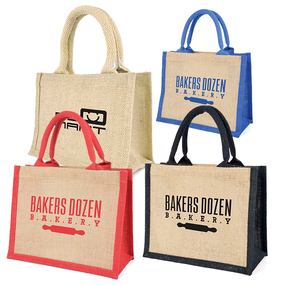 Branded mini jute bags, small hessian bags printed uk