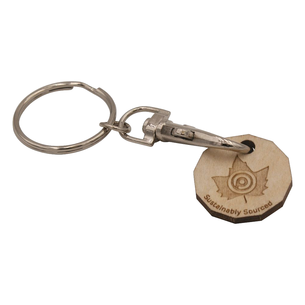 promotional wooden trolley coins, printed wood trolley, eco trolley coins uk, branded wooden trolley coins